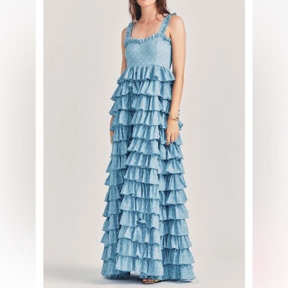 Loveshackfancy Idra Cotton Polka Dot Maxi Dress Blue Bonnet Size 8 MSRP $625 - Picture 1 of 11